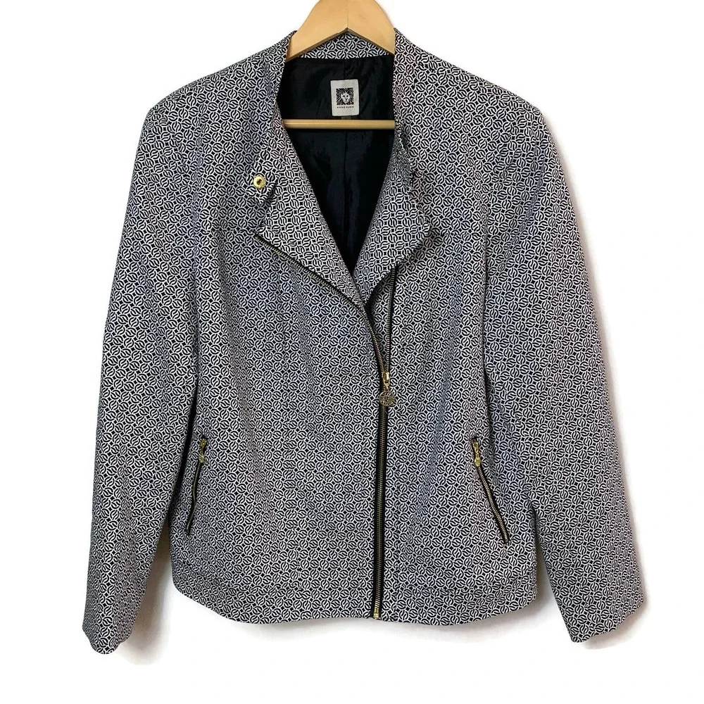 Anne Klein Women's Black And White Patterned Zip Moto Asymetrical Jacket Size XL